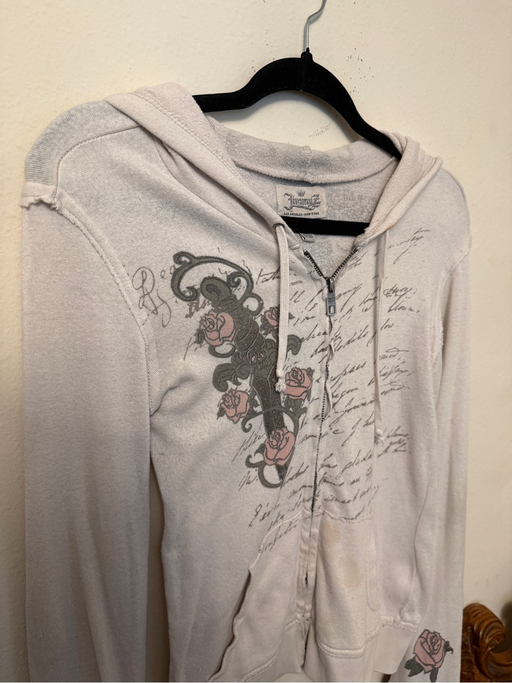 Jimmy Z Off White Vintage Y2K Soft Lightweight Zip Front Hoodie Size S